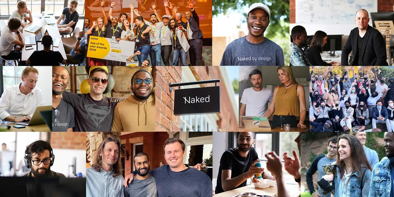 Collage of diverse Naked employees working, celebrating awards, and interacting in various settings.