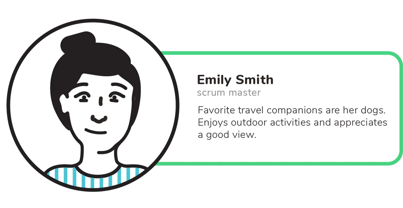 An avatar of a female with a bun and a striped top, a scrum master who favours travelling with her dogs and engaging in outdoor activities.