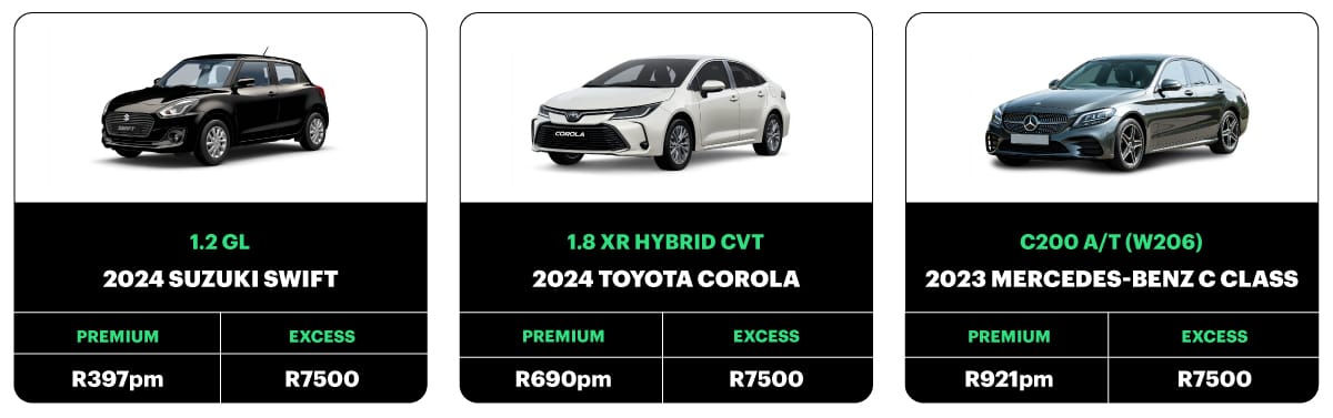 Comparison of car insurance premiums and excess for three cars: 2024 Suzuki Swift (R397 per month, R7,500 excess), 2024 Toyota Corolla Hybrid (R690 per month, R7,500 excess), and 2023 Mercedes-Benz C-Class (R921 per month, R7,500 excess).