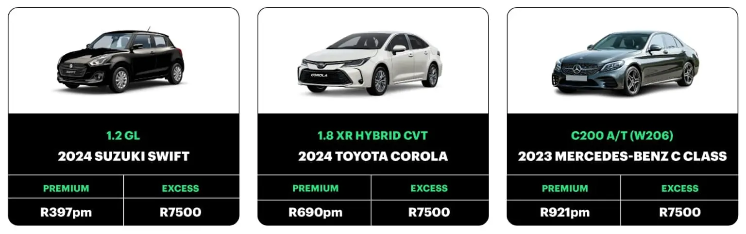 Comparison of car insurance premiums and excess for three cars: 2024 Suzuki Swift (R397 per month, R7,500 excess), 2024 Toyota Corolla Hybrid (R690 per month, R7,500 excess), and 2023 Mercedes-Benz C-Class (R921 per month, R7,500 excess).