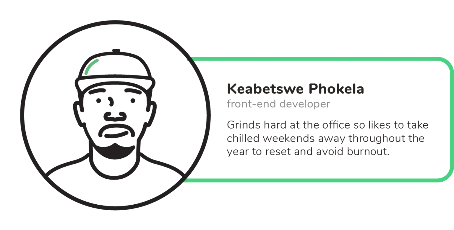 An avatar of a male with a cap and beard, known as a front-end developer who takes weekend trips to avoid burnout.