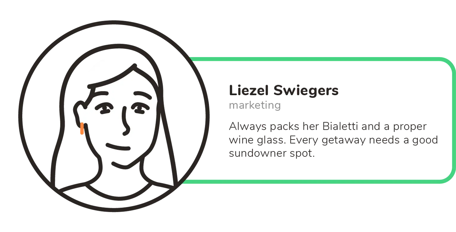 An avatar of a female with earrings, noted for always packing a bialetti and proper wine glass when travelling and making sure every getaway has a good sundowner spot.