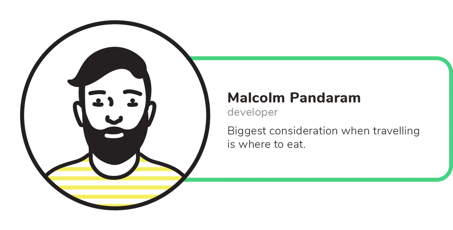 An avatar of a male with a beard and a striped shirt, a developer who focuses on culinary experiences when travelling.