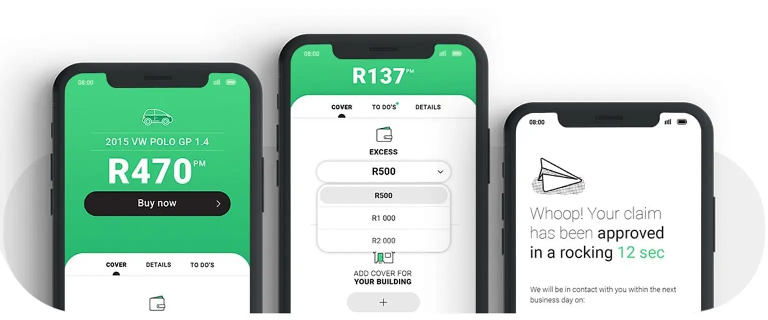 Steps to get insurance on the Naked app shown on three smartphone screens.