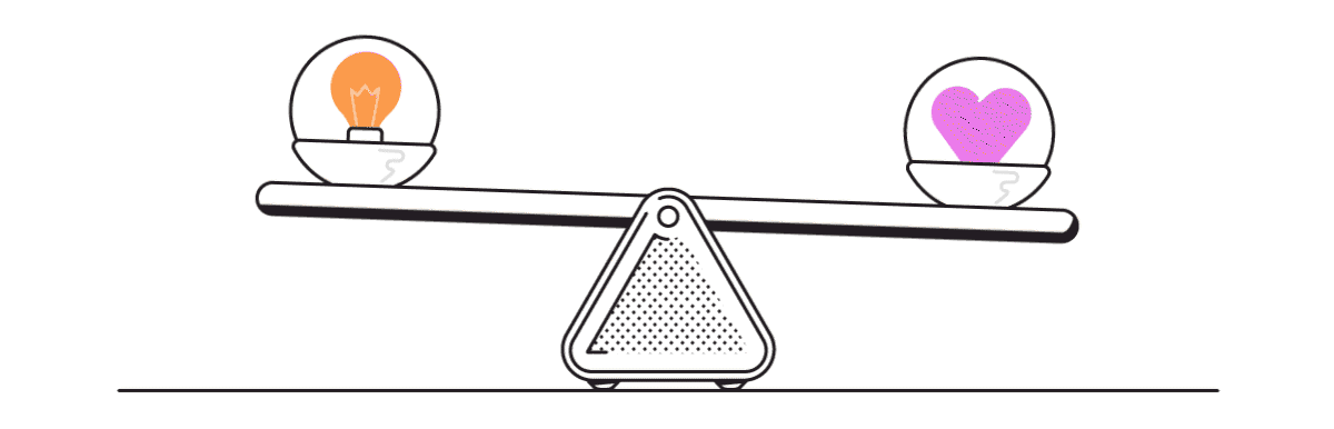 Illustration of a seesaw with a lightbulb on one side and a heart on the other, symbolizing a balance between ideas and emotions.
