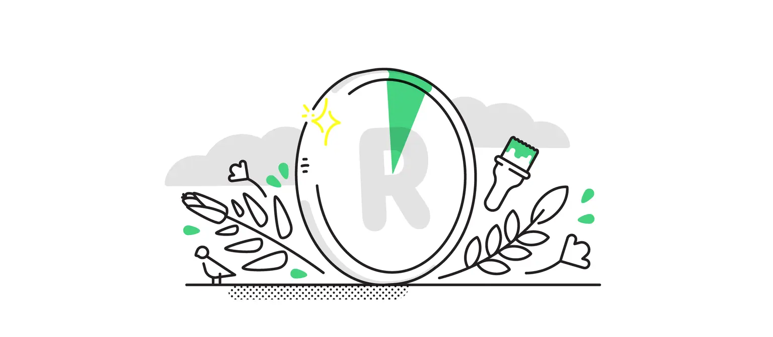Illustration of a 5 South African rand coin surrounded by leaves, a paintbrush, and a cloud in the background