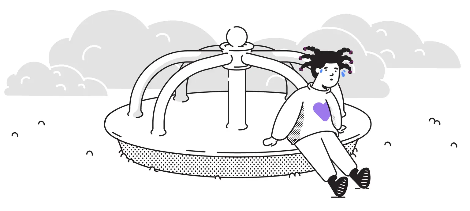 Illustration of a sad child sitting on a playground merry-go-round, with clouds in the background.